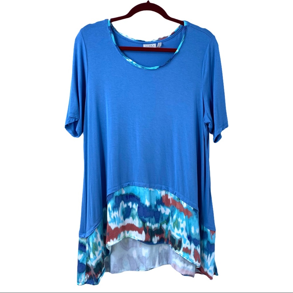 LOGO Blue Tie Dye Trim Scoop Neck Tunic Top